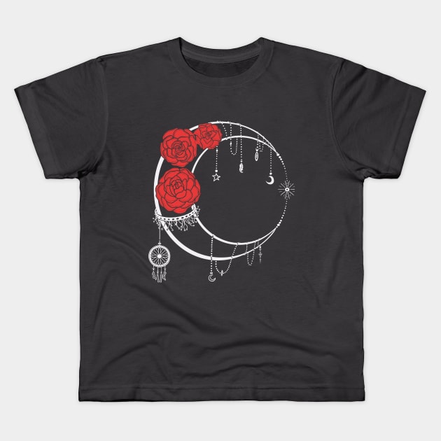 Dark Moon with Red Roses with Back Words Tattoo Kids T-Shirt by Kalma Kun